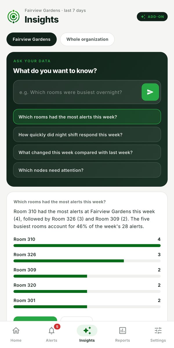 VAKT Enterprise app showing the Insights add-on answering a question about alerts